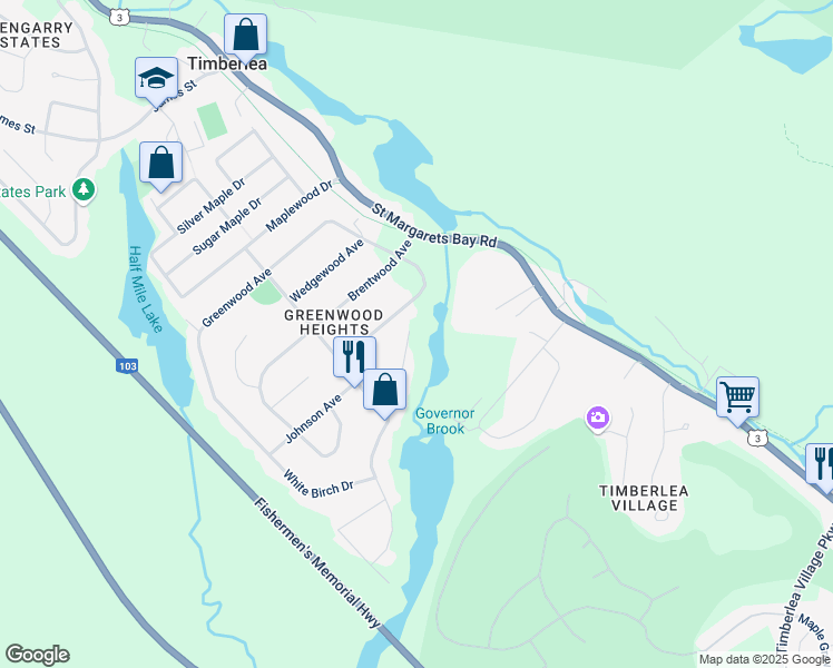 map of restaurants, bars, coffee shops, grocery stores, and more near 23 Riverwood Drive in Timberlea