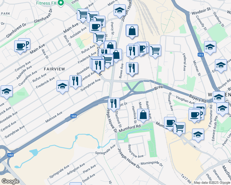 map of restaurants, bars, coffee shops, grocery stores, and more near 7132 Spruce Street in Halifax