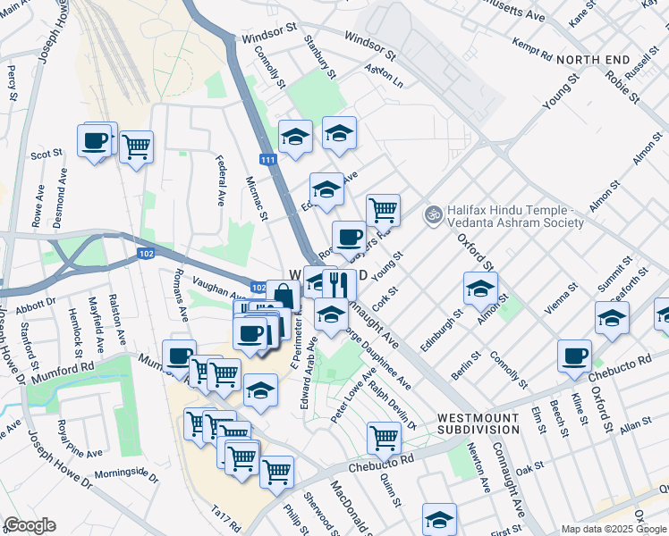 map of restaurants, bars, coffee shops, grocery stores, and more near in Halifax