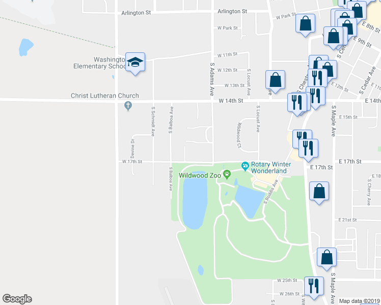 map of restaurants, bars, coffee shops, grocery stores, and more near 857 West 17th Street in Marshfield
