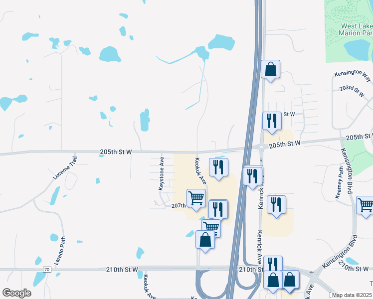map of restaurants, bars, coffee shops, grocery stores, and more near 20520 Keokuk Avenue in Lakeville