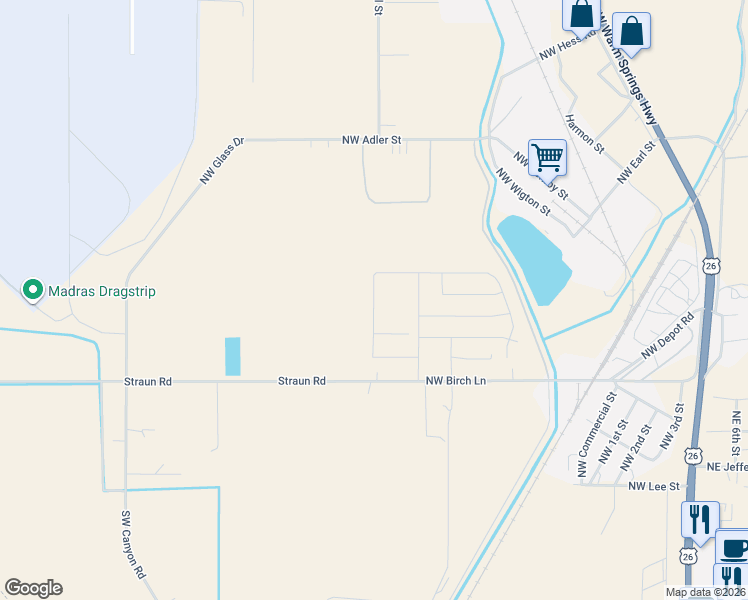 map of restaurants, bars, coffee shops, grocery stores, and more near 446 Northwest Birdie Lane in Madras
