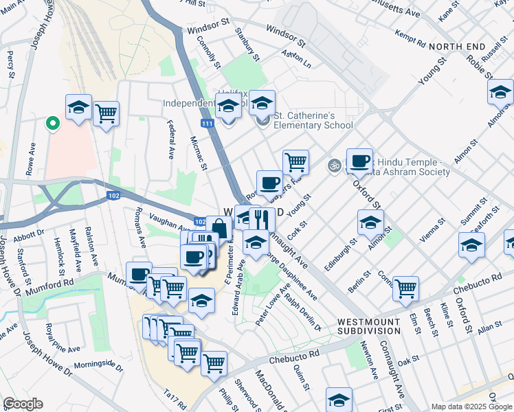 map of restaurants, bars, coffee shops, grocery stores, and more near 3103 Connaught Avenue in Halifax