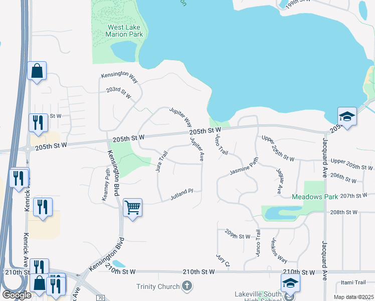 map of restaurants, bars, coffee shops, grocery stores, and more near 20571 Jupiter Path in Lakeville