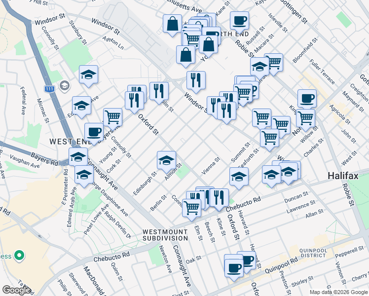 map of restaurants, bars, coffee shops, grocery stores, and more near 6368 Edinburgh Street in Halifax