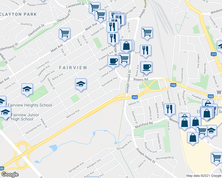 map of restaurants, bars, coffee shops, grocery stores, and more near 17 Melrose Avenue in Halifax