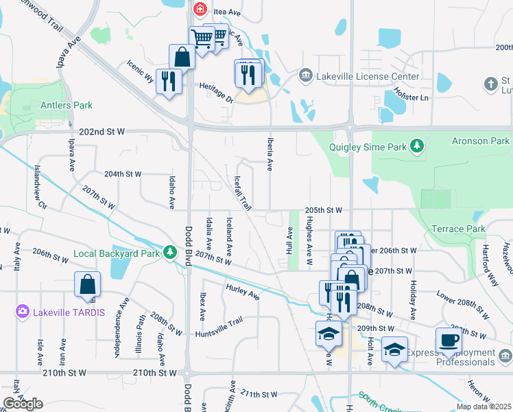map of restaurants, bars, coffee shops, grocery stores, and more near 20585 207th Court West in Lakeville