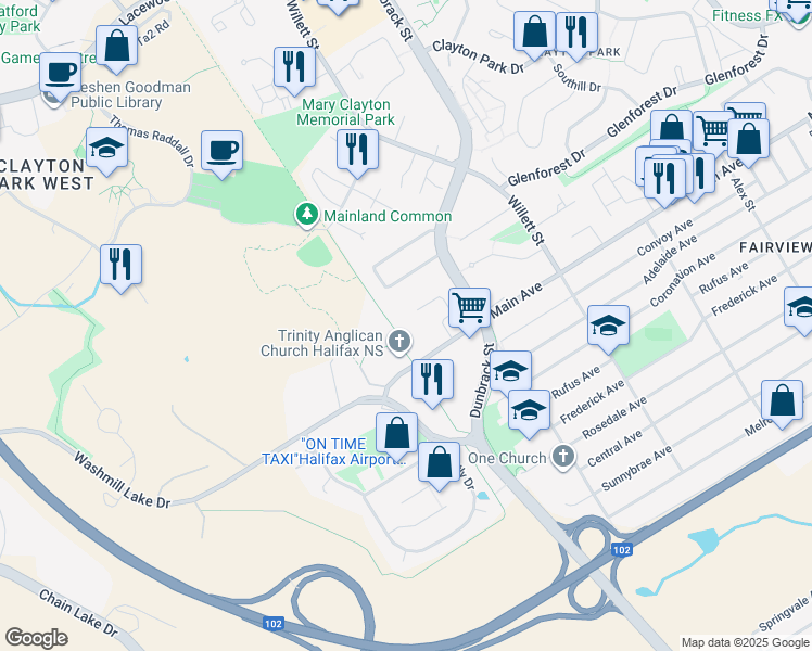 map of restaurants, bars, coffee shops, grocery stores, and more near 16 Mandaville Court in Halifax