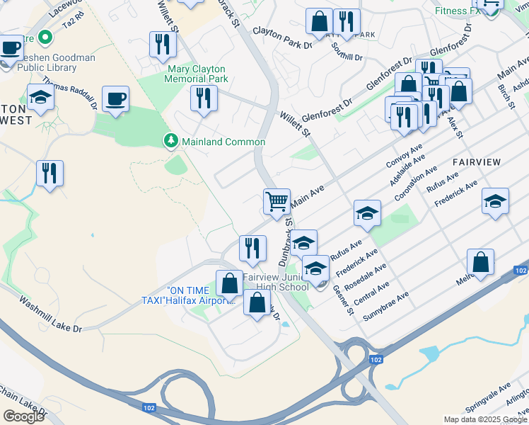 map of restaurants, bars, coffee shops, grocery stores, and more near 3 Mandaville Court in Halifax