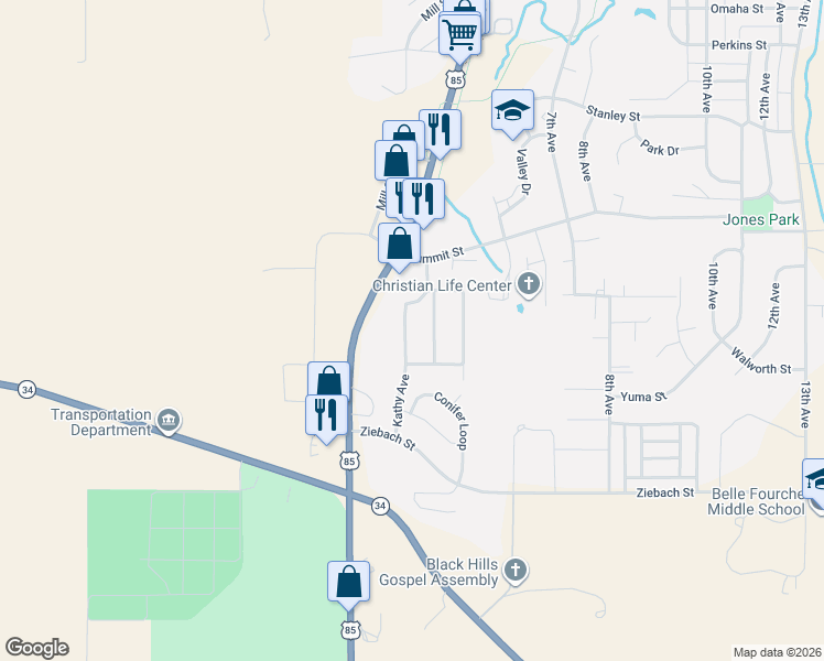 map of restaurants, bars, coffee shops, grocery stores, and more near 314 Summit Street in Belle Fourche