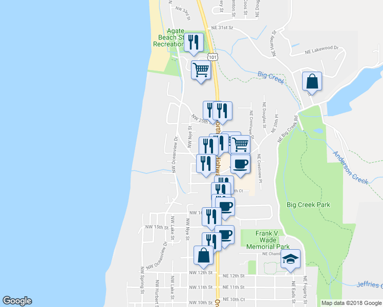 map of restaurants, bars, coffee shops, grocery stores, and more near 299 Northwest 22nd Street in Newport