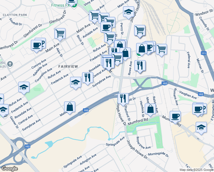 map of restaurants, bars, coffee shops, grocery stores, and more near 24 Melrose Avenue in Halifax