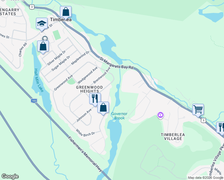 map of restaurants, bars, coffee shops, grocery stores, and more near 6 Riverwood Drive in Timberlea