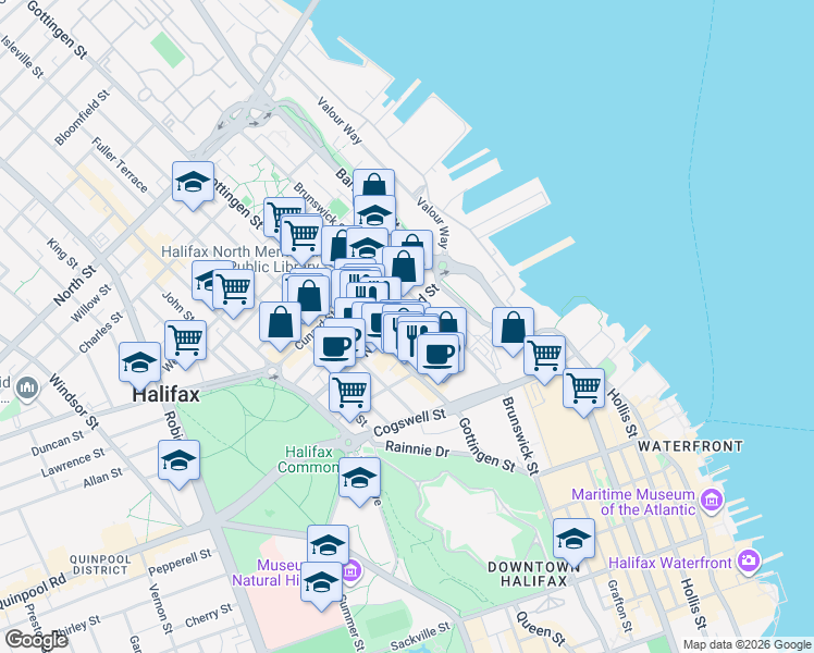 map of restaurants, bars, coffee shops, grocery stores, and more near 2173 Maitland Street in Halifax