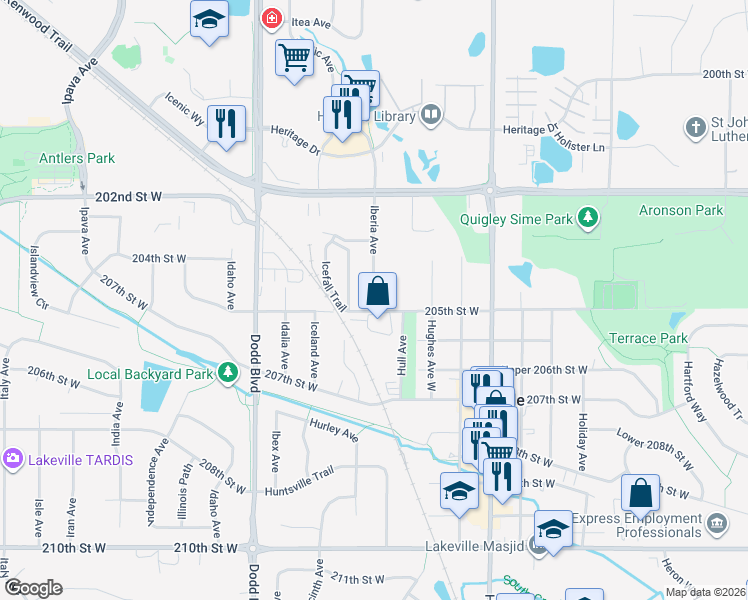 map of restaurants, bars, coffee shops, grocery stores, and more near 20445 Iberia Avenue in Lakeville