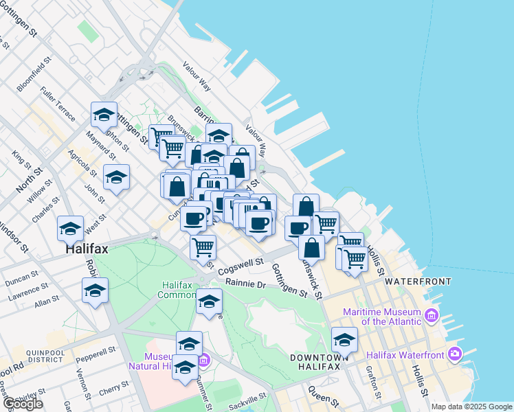 map of restaurants, bars, coffee shops, grocery stores, and more near 2128 Brunswick Street in Halifax