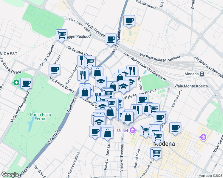 map of restaurants, bars, coffee shops, grocery stores, and more near 42-52 Viale Gaetano Storchi in Modena