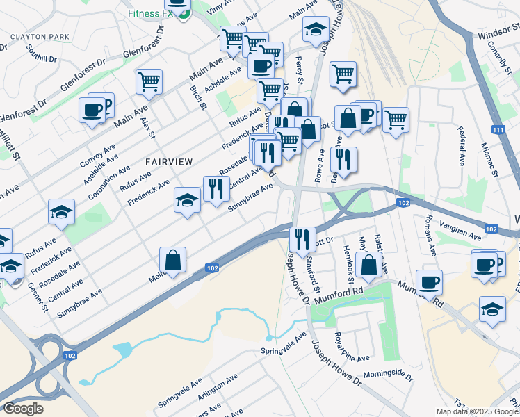 map of restaurants, bars, coffee shops, grocery stores, and more near 17 Melrose Avenue in Halifax
