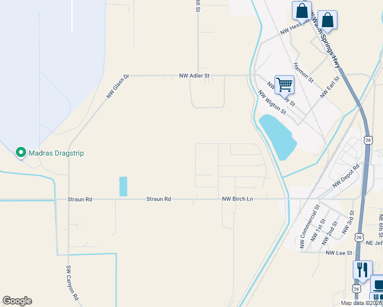 map of restaurants, bars, coffee shops, grocery stores, and more near 1 Northwest Golf Course Drive in Madras