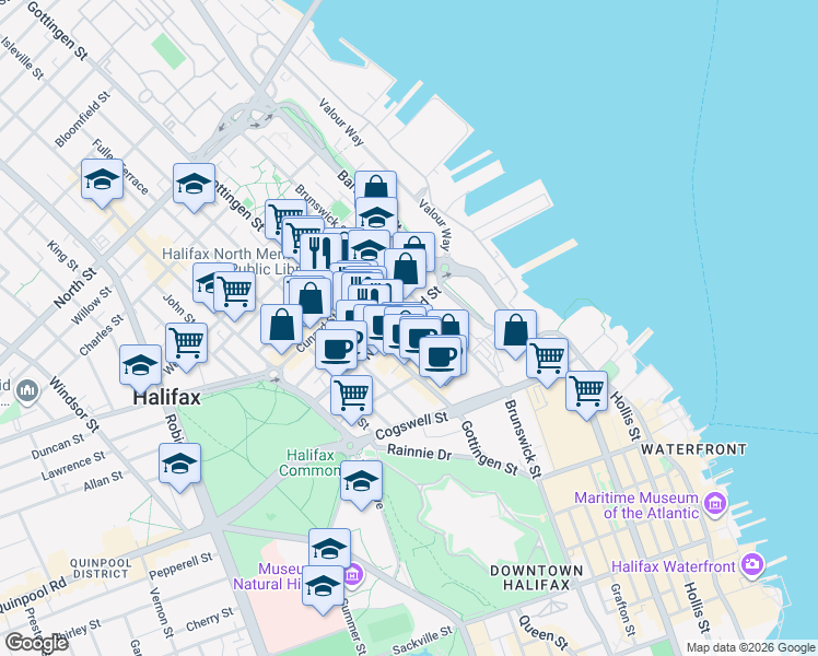 map of restaurants, bars, coffee shops, grocery stores, and more near 2173 Maitland Street in Halifax