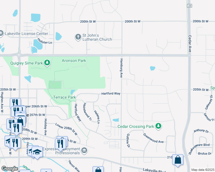 map of restaurants, bars, coffee shops, grocery stores, and more near 20370 Hampton Court in Lakeville