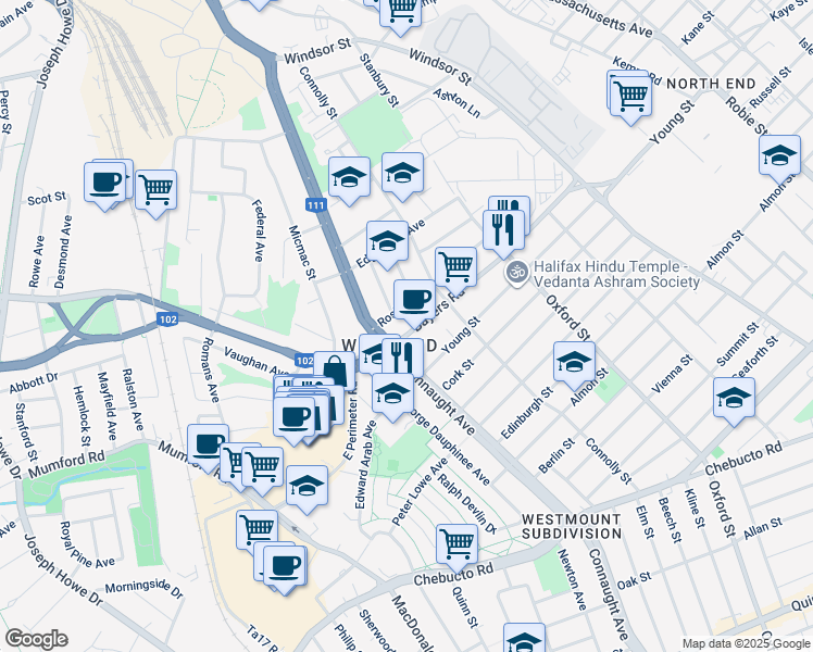 map of restaurants, bars, coffee shops, grocery stores, and more near 6559 Roslyn Road in Halifax