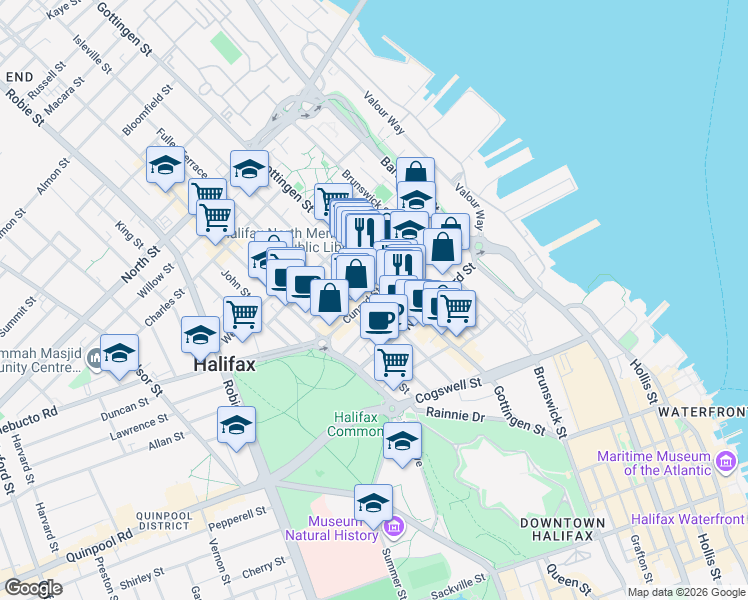 map of restaurants, bars, coffee shops, grocery stores, and more near 5540 Cunard Street in Halifax