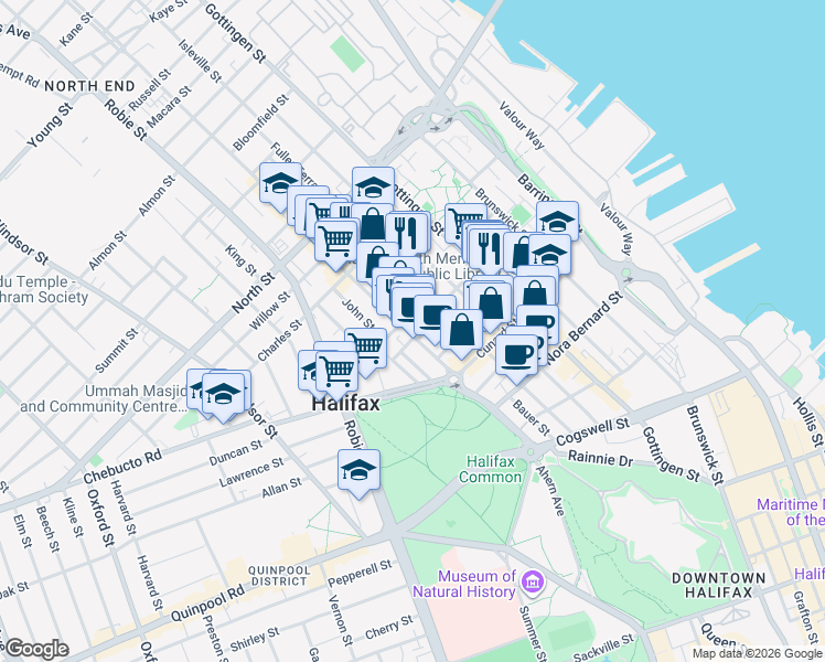 map of restaurants, bars, coffee shops, grocery stores, and more near 923 Robie Street in Halifax