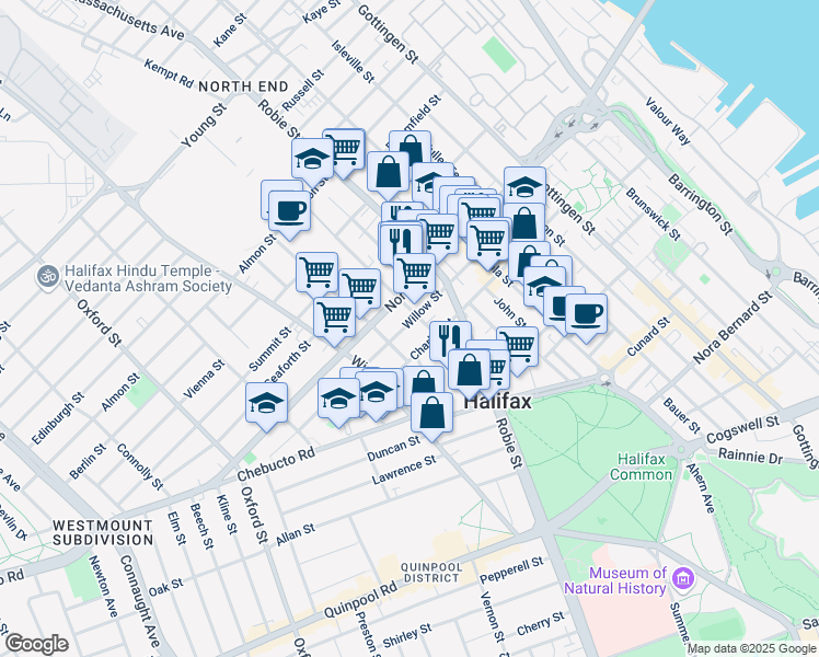 map of restaurants, bars, coffee shops, grocery stores, and more near 6118 Willow Street in Halifax