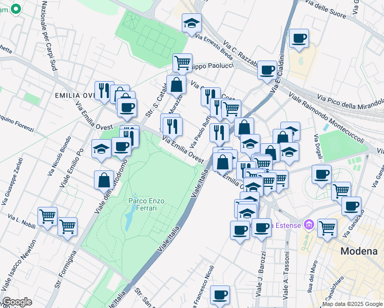 map of restaurants, bars, coffee shops, grocery stores, and more near 320 Via Emilia Ovest in Modena