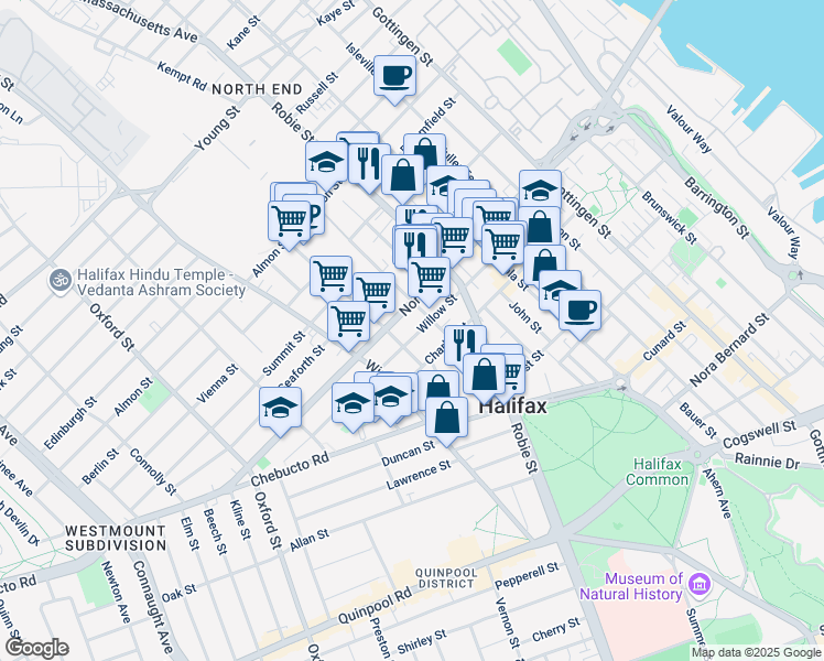 map of restaurants, bars, coffee shops, grocery stores, and more near 6125 North Street in Halifax