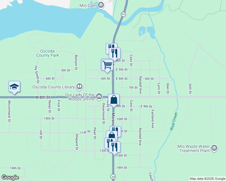 map of restaurants, bars, coffee shops, grocery stores, and more near Morenci Avenue in Mio
