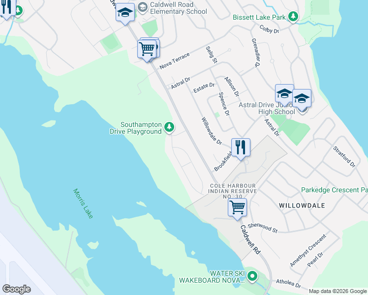 map of restaurants, bars, coffee shops, grocery stores, and more near 22 Westfield Crescent in Dartmouth