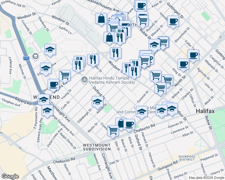 map of restaurants, bars, coffee shops, grocery stores, and more near 6336 London Street in Halifax