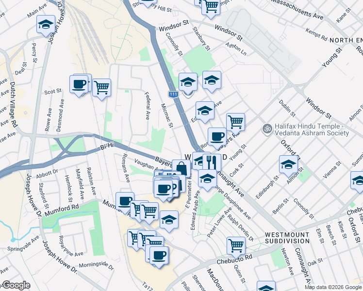 map of restaurants, bars, coffee shops, grocery stores, and more near in Halifax