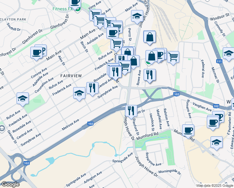 map of restaurants, bars, coffee shops, grocery stores, and more near 3330 Westerwald Street in Halifax