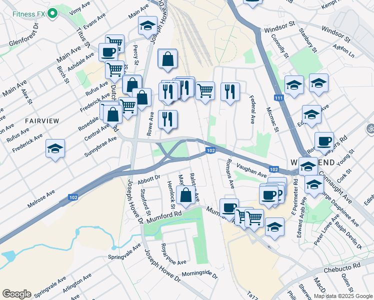 map of restaurants, bars, coffee shops, grocery stores, and more near 3285 Samuel Walker Drive in Halifax