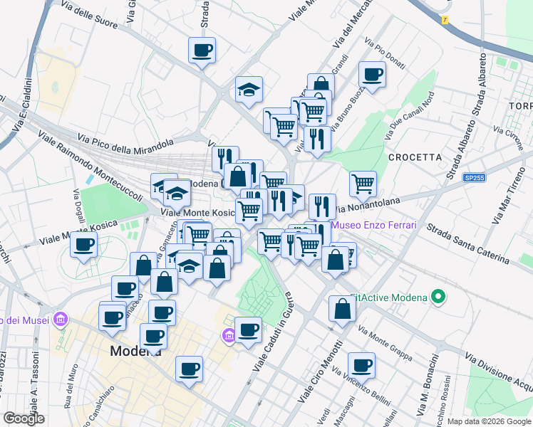 map of restaurants, bars, coffee shops, grocery stores, and more near 29-37 Viale Guido Mazzoni in Modena