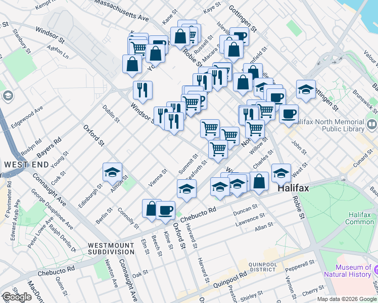 map of restaurants, bars, coffee shops, grocery stores, and more near 2712 Windsor Street in Halifax