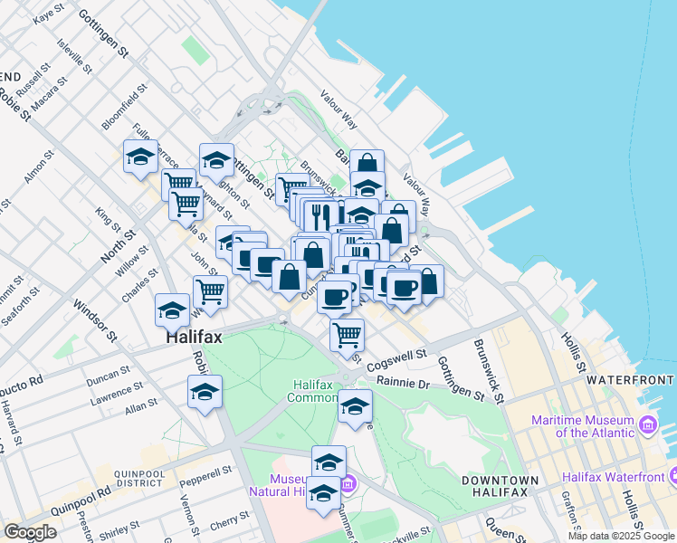 map of restaurants, bars, coffee shops, grocery stores, and more near 5514 Cunard Street in Halifax