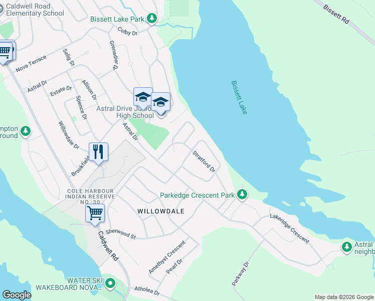 map of restaurants, bars, coffee shops, grocery stores, and more near 108 Stratford Drive in Dartmouth