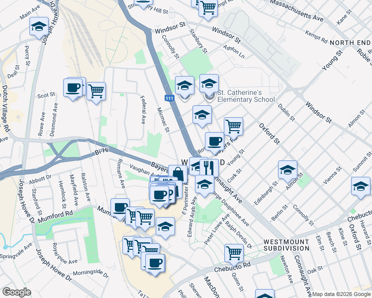 map of restaurants, bars, coffee shops, grocery stores, and more near 3204 Connaught Avenue in Halifax
