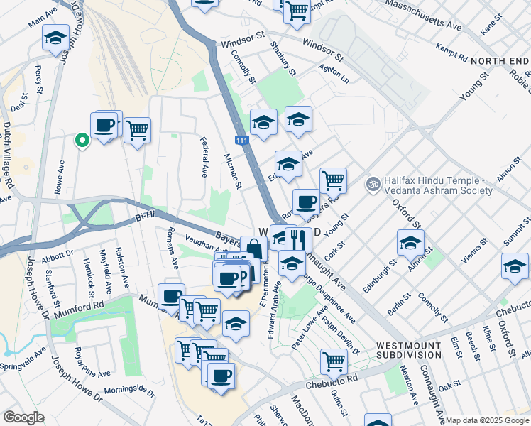 map of restaurants, bars, coffee shops, grocery stores, and more near 3204 Connaught Avenue in Halifax