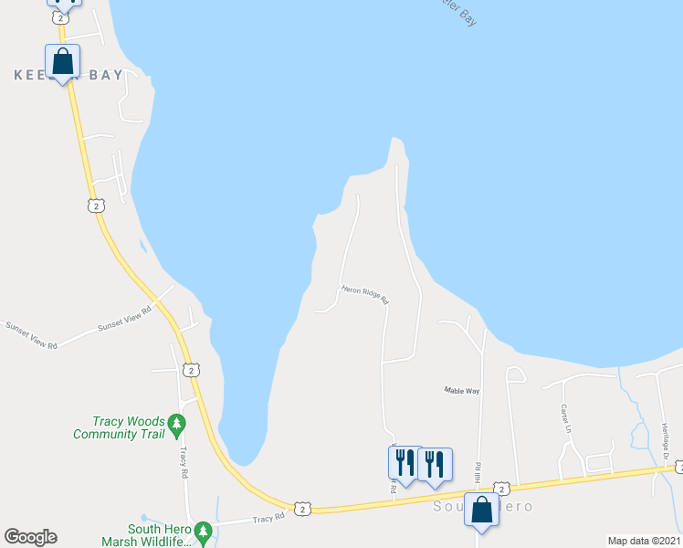 map of restaurants, bars, coffee shops, grocery stores, and more near 40 Heron Ridge Road in South Hero