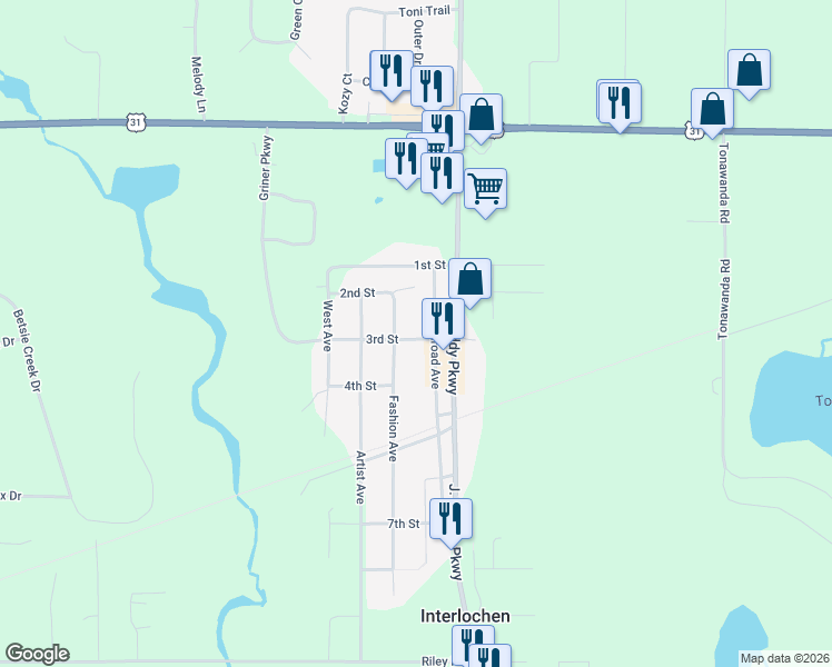 map of restaurants, bars, coffee shops, grocery stores, and more near 2311-2399 Fashion Avenue in Interlochen