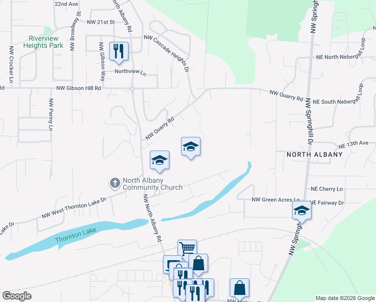 map of restaurants, bars, coffee shops, grocery stores, and more near 1205 Northwest North Albany Road in Albany