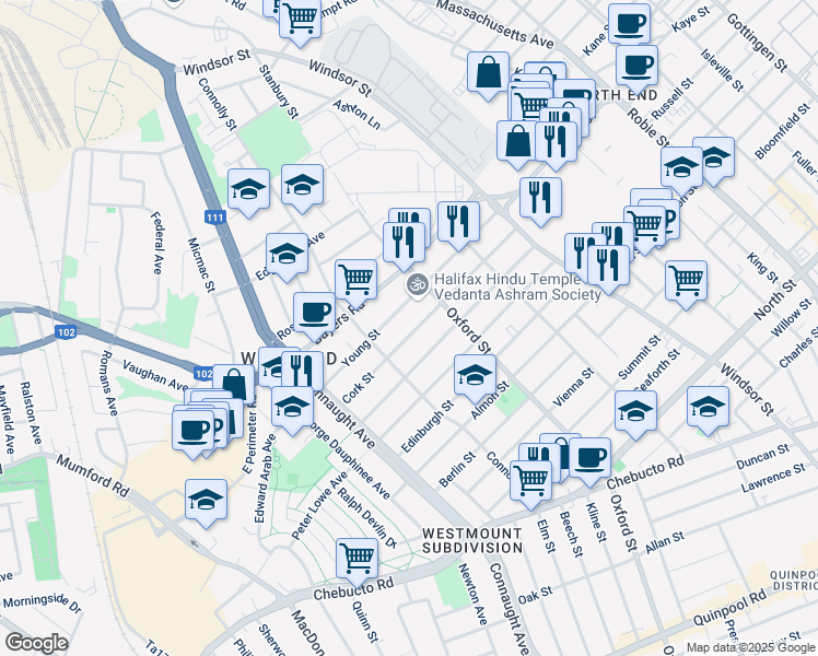 map of restaurants, bars, coffee shops, grocery stores, and more near 6450 Young Street in Halifax