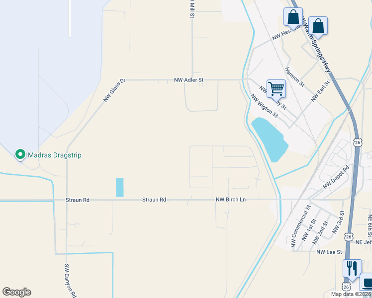 map of restaurants, bars, coffee shops, grocery stores, and more near 1 Northwest Golf Course Drive in Madras