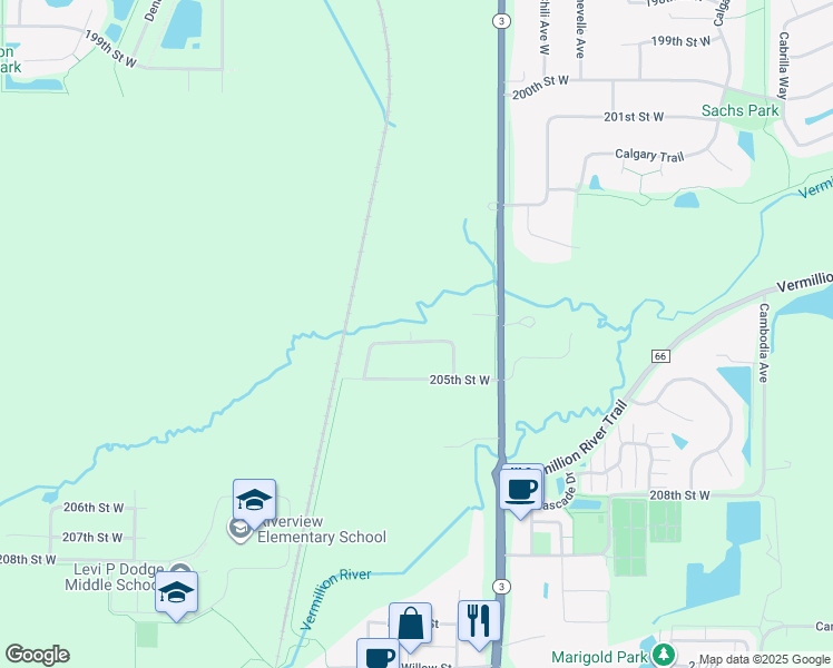 map of restaurants, bars, coffee shops, grocery stores, and more near 3667 Upper 204th Street West in Farmington
