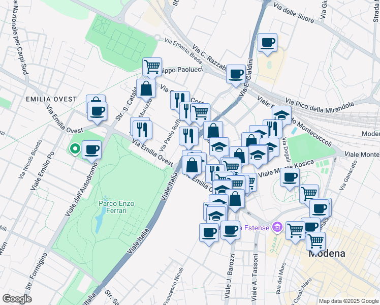 map of restaurants, bars, coffee shops, grocery stores, and more near 214 Via Carlo Zucchi in Modena